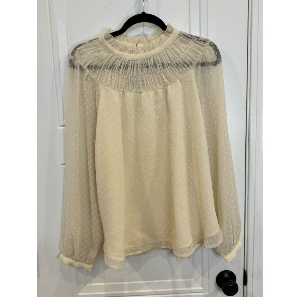 Loft Ivory Swiss-Dot Blouse Sheer Long Sleeves & Lined Bodice GUC  Flowy